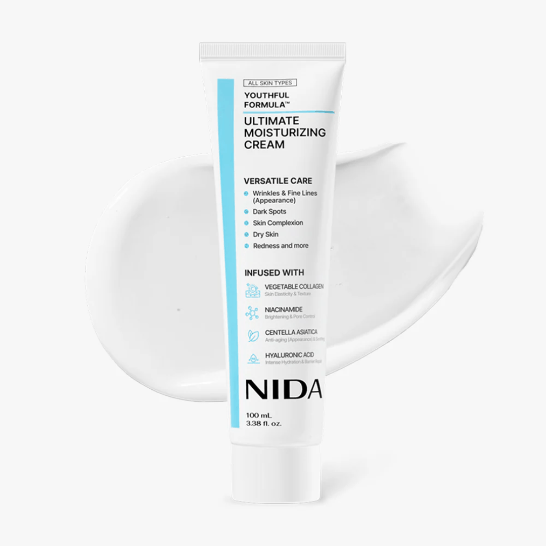 NIDA Youthful Formula™ Ultimate Moisturizing Cream tube with skincare benefits for hydration, brightening, and anti-aging